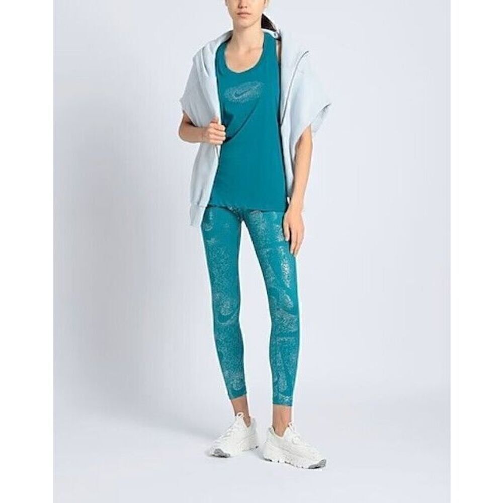 New Nike One Women's Metallic Jade & Silve Sparkle Mid Rise Leggings MEDIUM
